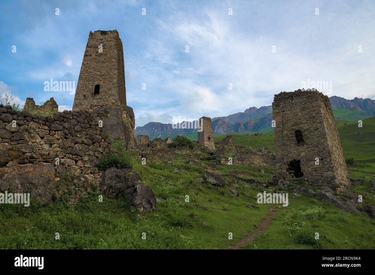 View of the ancient Ossetian towers on a early June morning. Tsmiti. Northern Ossetia Alania. Russian Federation Stock Photo