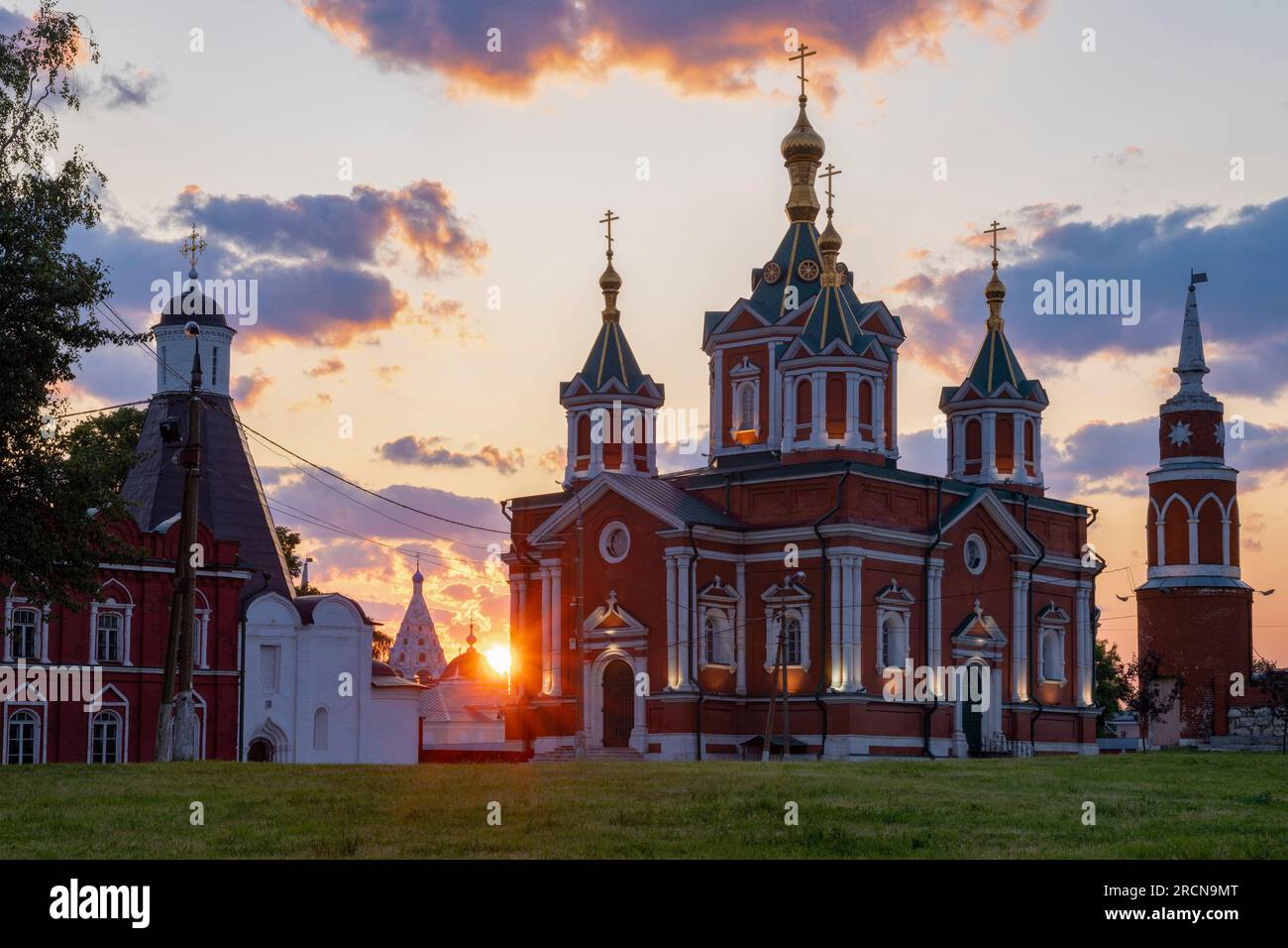 Ancient Cathedral of the Exaltation of the Holy Cross (1855) Brusensky Assumption Monastery against the background of the June sunrise. Kolomna Stock Photo
