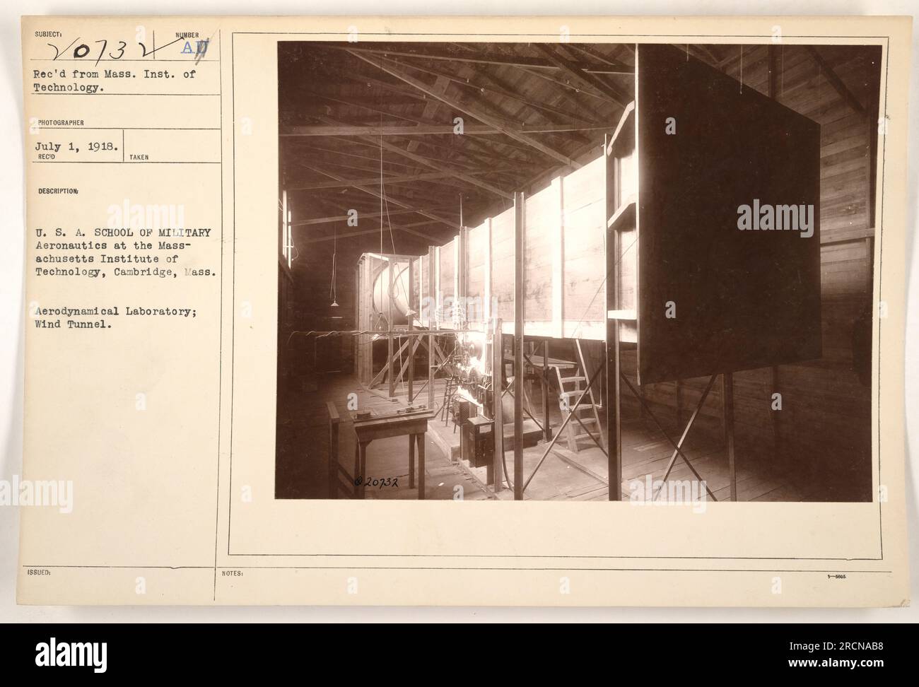 'An image taken on July 1, 1918, at the U.S.A. School of Military Aeronautics at the Massachusetts Institute of Technology (MIT) in Cambridge, Massachusetts. The photograph shows the Aerodynamical Laboratory and Wind Tunnel. This image was rec'd from Mass. Inst. of Technology and carries the description 188UED: NOTES 20732.' Stock Photo