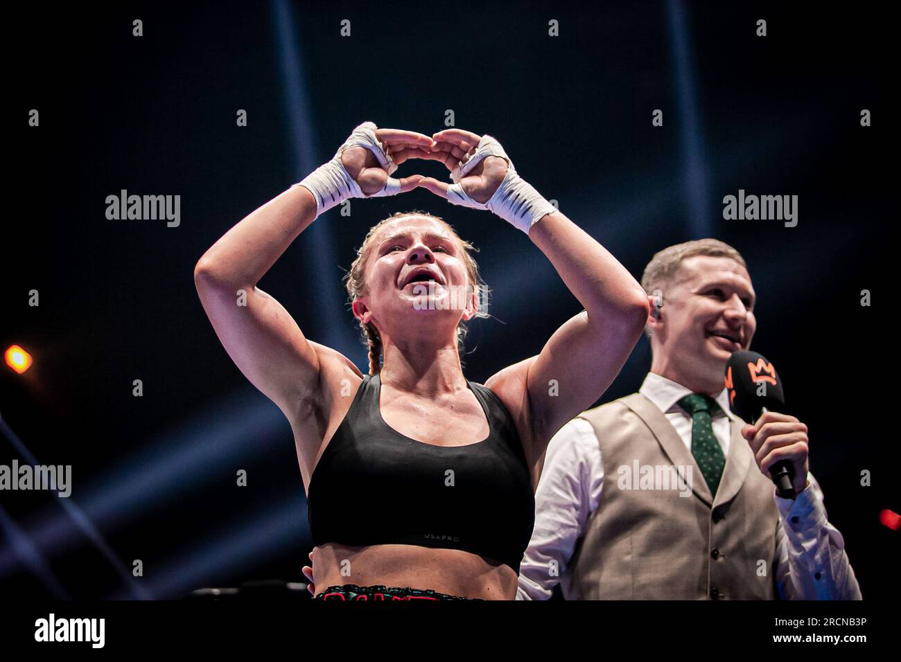 DUBLIN, IRELAND - JULY 15: Daniella Hemsley celebrates her victory over  Ms.Danielka showing her intimate parts during the Kingpyn Boxing: Semifinal  High Stakes tournament event on July 15, 2023, at Three Arena