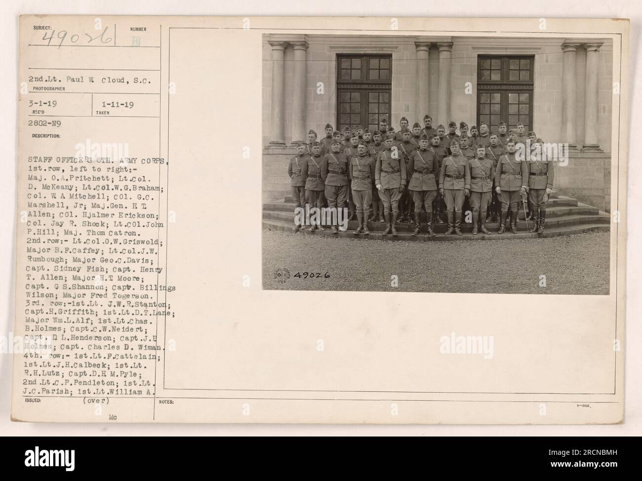 Group photo of staff officers from the 8th Army Corps during World War One. The photo was taken on March 1, 1919. Major O.A. Pritchett, Lt. Col. D. McKeaney, Lt. Col. W.G. Braham, Colonel W.A. Mitchell, Colonel G.C. Marshall Jr., Major General I.T. Allen, Colonel Hjalmer Erickson, Colonel Jay R. Shock, Lt. Col. John P. Hill, and Major Thom Catron can be seen in the front row. The names of the officers in the following rows are also listed. The photo is numbered 188 and was taken by 2nd Lt. Paul W. Cloud. Stock Photo