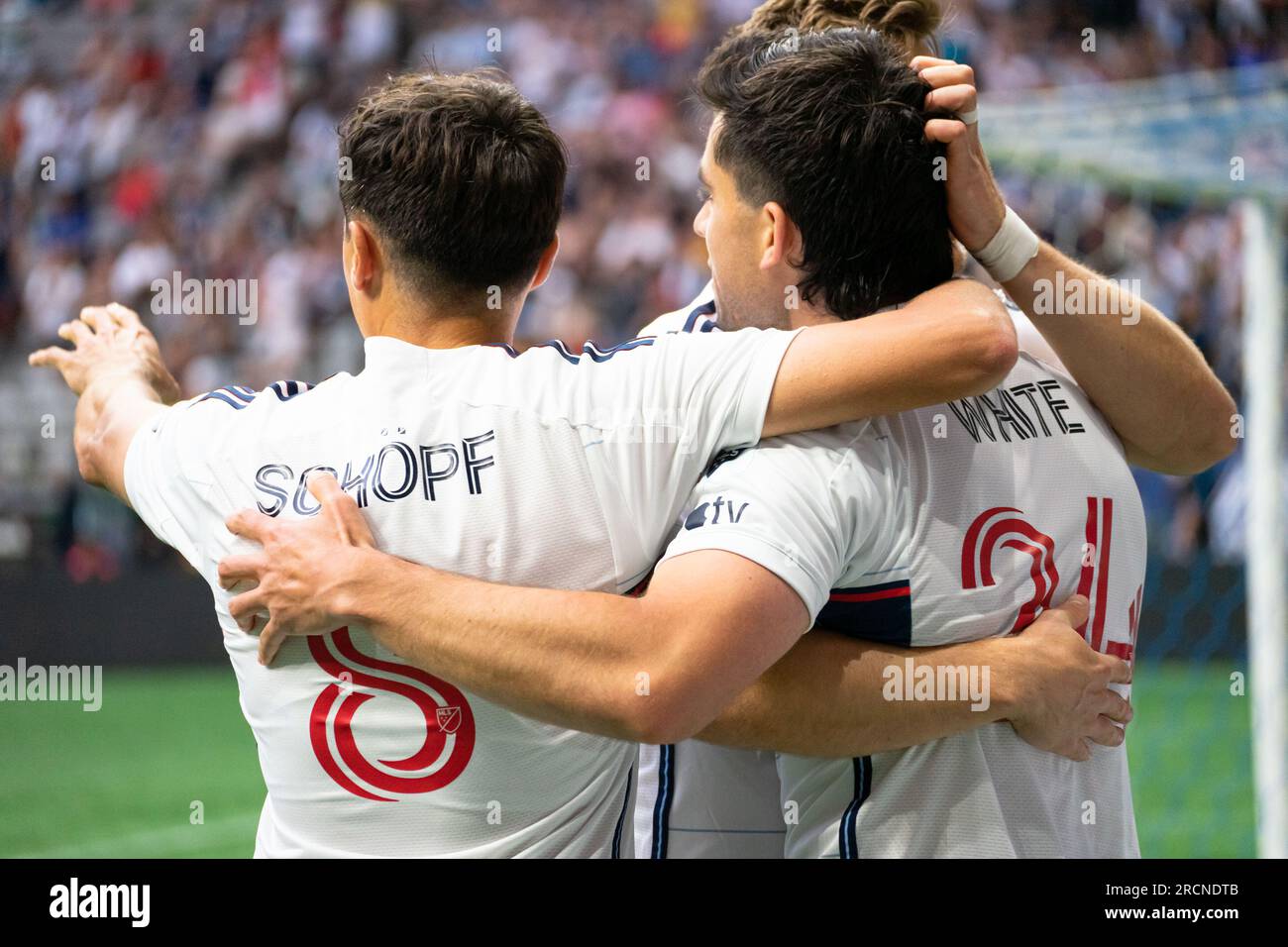 Vancouver, Canada. 15th July, 2023. Vancouver, British Columbia, Canada, July 15th 2023: Brian White (24 Vancouver Whitecaps FC) hugs Alessandro Schopf (8 Vancouver Whitecaps FC) after scoring the team's first goal during the Major League Soccer match between Vancouver Whitecaps FC and LA Galaxy at BC Place Stadium in Vancouver, British Columbia, Canada (EDITORIAL USAGE ONLY). (Amy Elle/SPP) Credit: SPP Sport Press Photo. /Alamy Live News Stock Photo