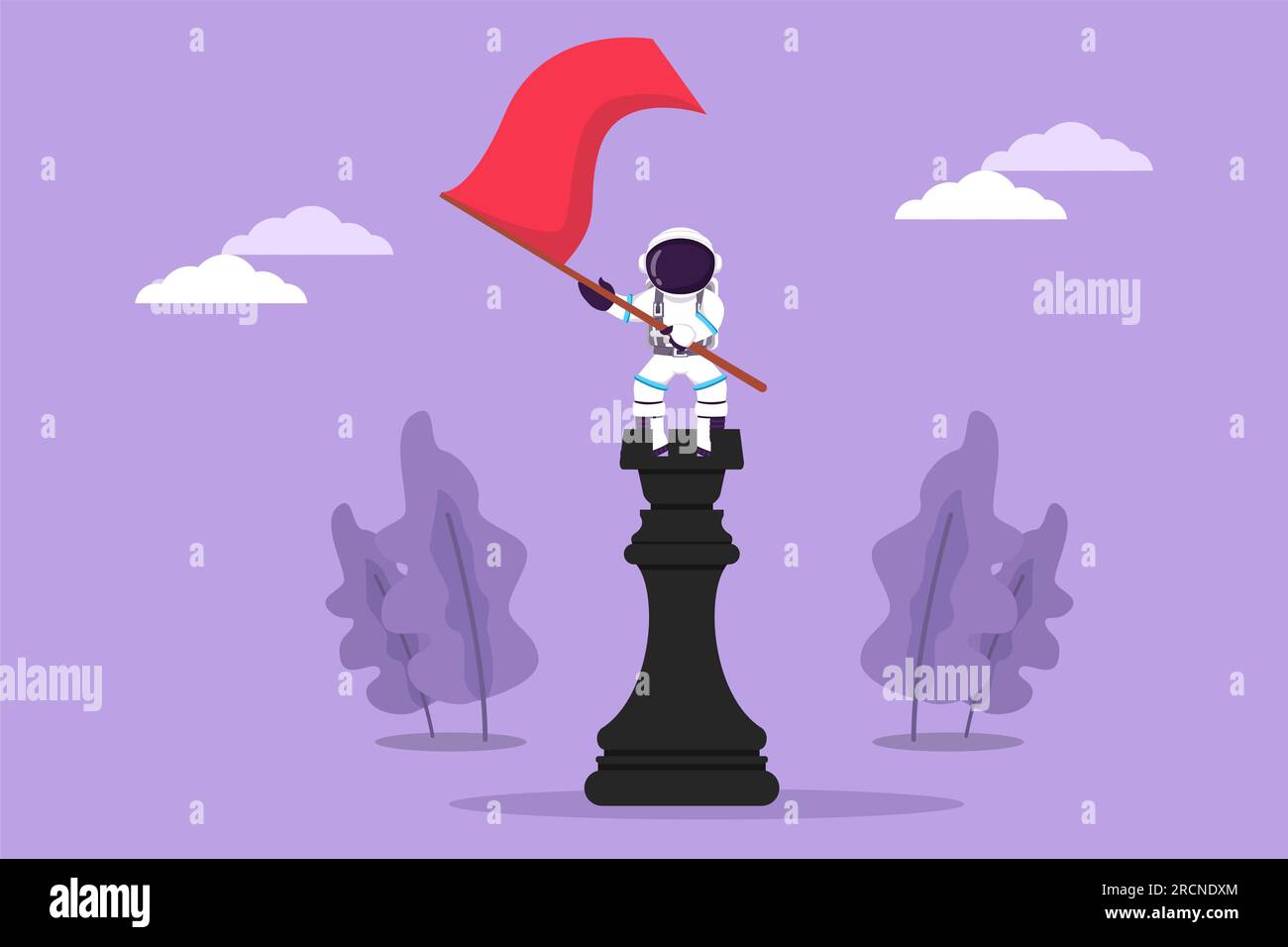 Cartoon flat style drawing young astronaut standing on top of big rook chess and waving a flag in moon surface. Successful leadership. Cosmic galaxy s Stock Photo