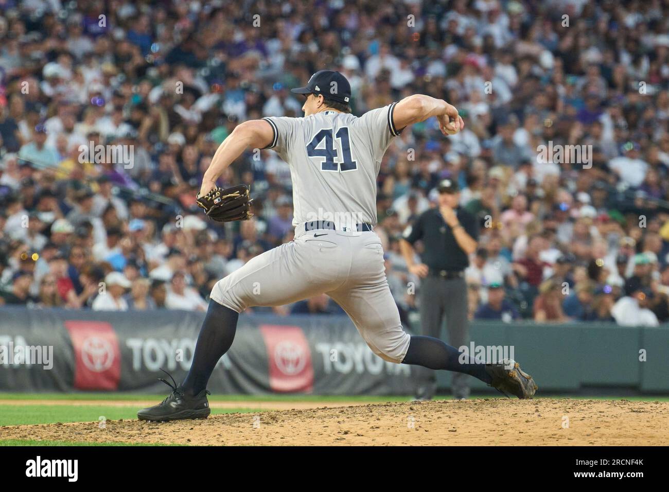 Denver CO, USA. 15th July, 2023. New York pitcher Tommy Kahnle (41) throws a pitch during the game with New York Yankees and Colorado Rockies held at Coors Field in Denver Co. David Seelig/Cal Sport Medi. Credit: csm/Alamy Live News Stock Photo