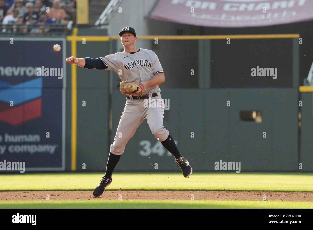 Denver CO, USA. 15th July, 2023. New York shortstop Anthony Volpe (11) makes a play during the game with New York Yankees and Colorado Rockies held at Coors Field in Denver Co. David Seelig/Cal Sport Medi. Credit: csm/Alamy Live News Stock Photo