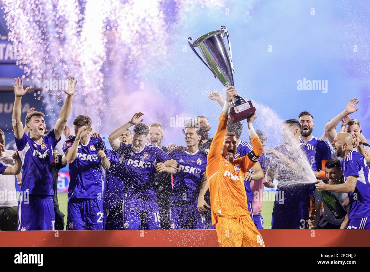 Zagreb, Croatia. 15th July, 2023. Jan Mlakar of Hajduk Split and Fran Topic  of Dinamo Zagreb in action during the Supersport Supercup match between GNK  Dinamo Zagreb and HNK Hajduk Split at