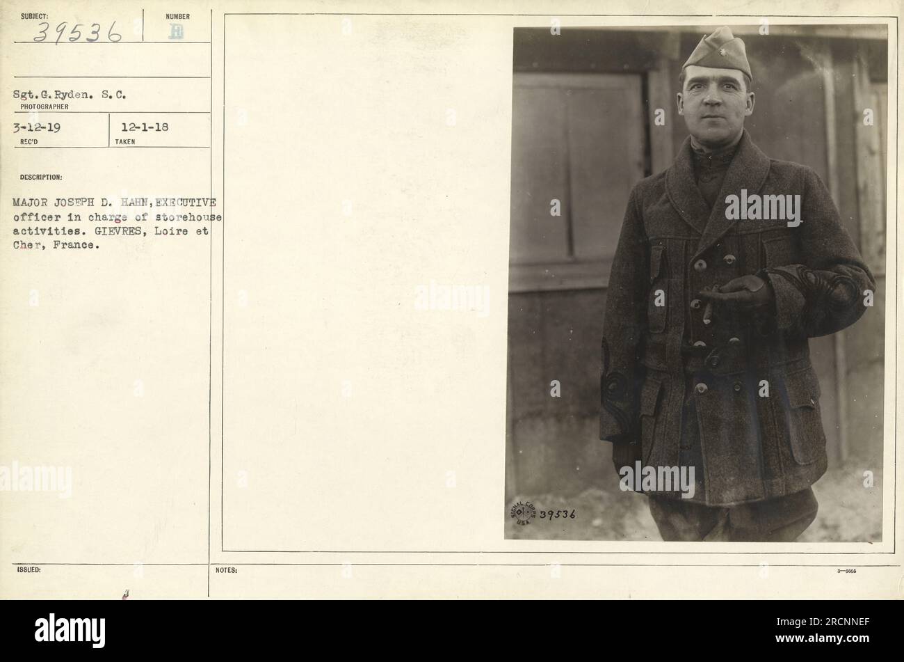 Sergeant G. Ryden captured this photograph on March 12, 1919, depicting Major Joseph D. Hahn, the executive officer in charge of storehouse activities at Gievres, Loire et Cher, France. The photograph is labeled with the issued number 12-1-18. (111-SC-39536) Stock Photo