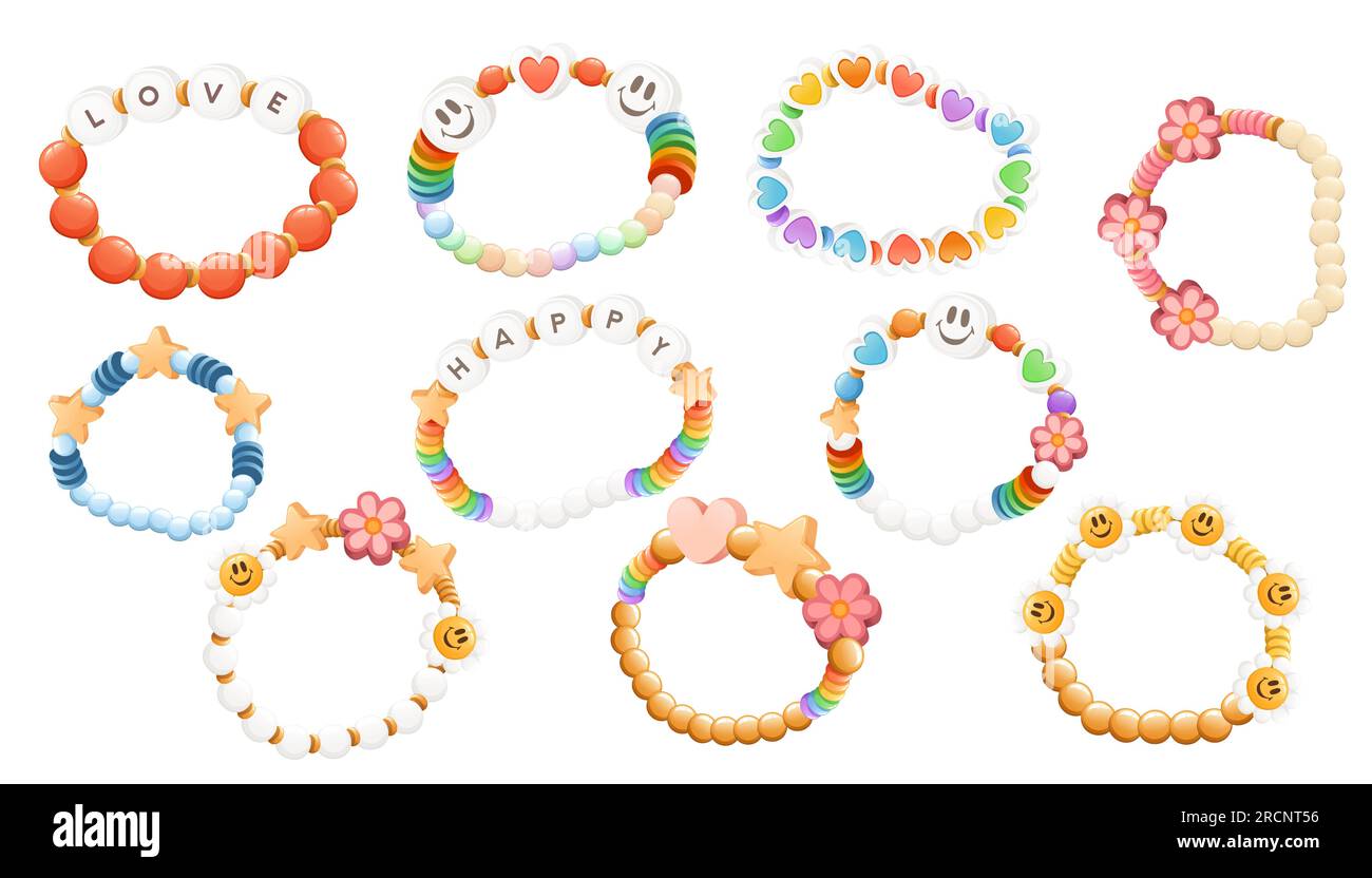 Set of colorful funky bracelet from bright plastic beads vector illustration isolated on white background Stock Vector