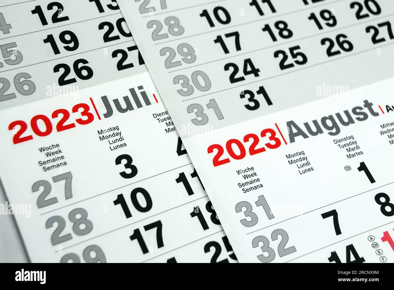 Deutscher Kalender Sommer Juli und August 2023 Stock Photo