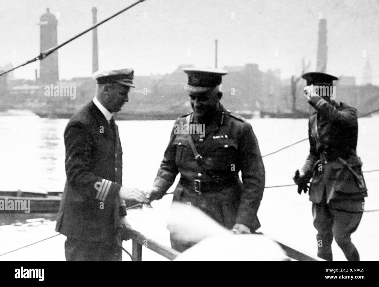 Sir Sam Hughes visiting a captured German U-Boat during WW1 Stock Photo