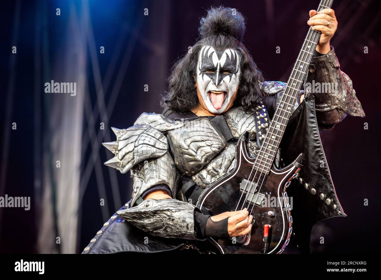 Tonsberg, Norway. 15th July, 2023. The American rock band Kiss performs a live concert at Kaldnes Vest in Tonsberg. Here vocalist and bass player Gene Simmons is seen live on stage. The concert was the last in Europe as part of the End of the Road World Tour. (Photo Credit: Gonzales Photo/Alamy Live News Stock Photo