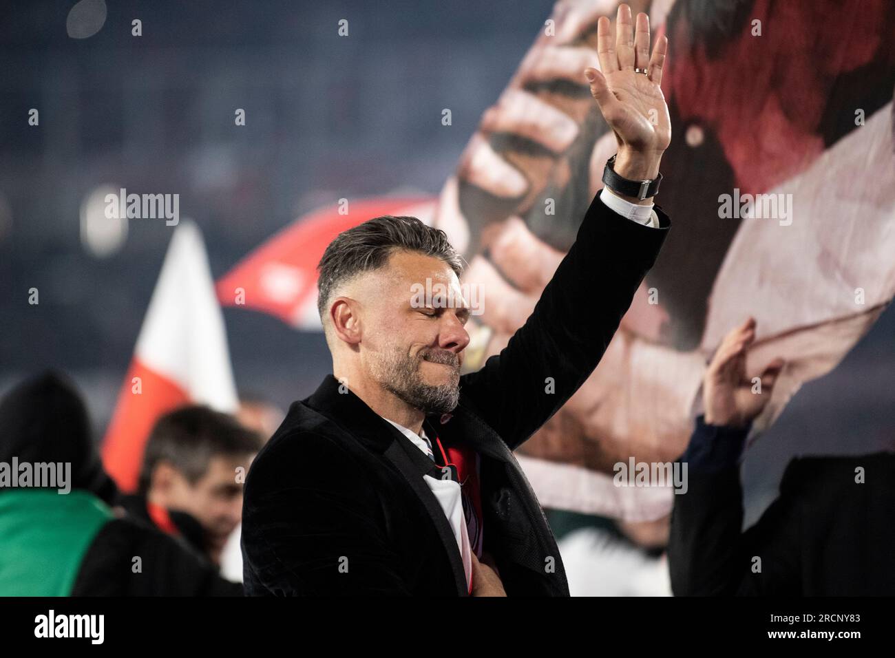 Buenos Aires, Argentina. 15th July, 2023. Martin Demichelis coach of River Plate celebrates the championship after a match between River Plate and Estudiantes as part of Liga Profesional 2023 at Estadio Mas Monumental Antonio Vespucio Liberti. Final score: River Plate 3:1 Estudiantes Credit: SOPA Images Limited/Alamy Live News Stock Photo