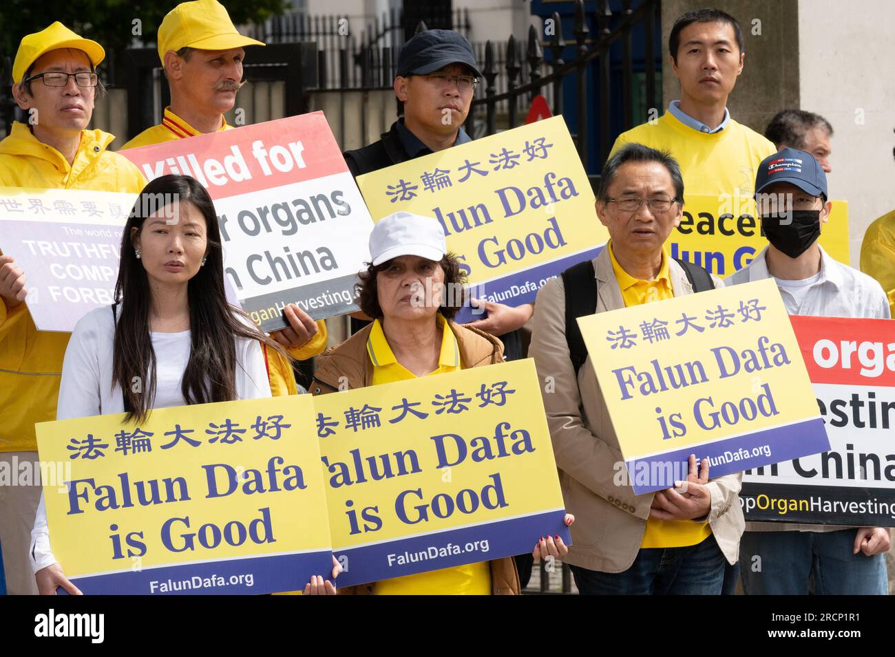 London, UK. 15 July, 2023. Falun Gong practitioners and supporters rally opposite Downing Street commemorating 24 years resisting repression by the Chinese Communist Party. Credit: Ron Fassbender/Alamy Live News Stock Photo