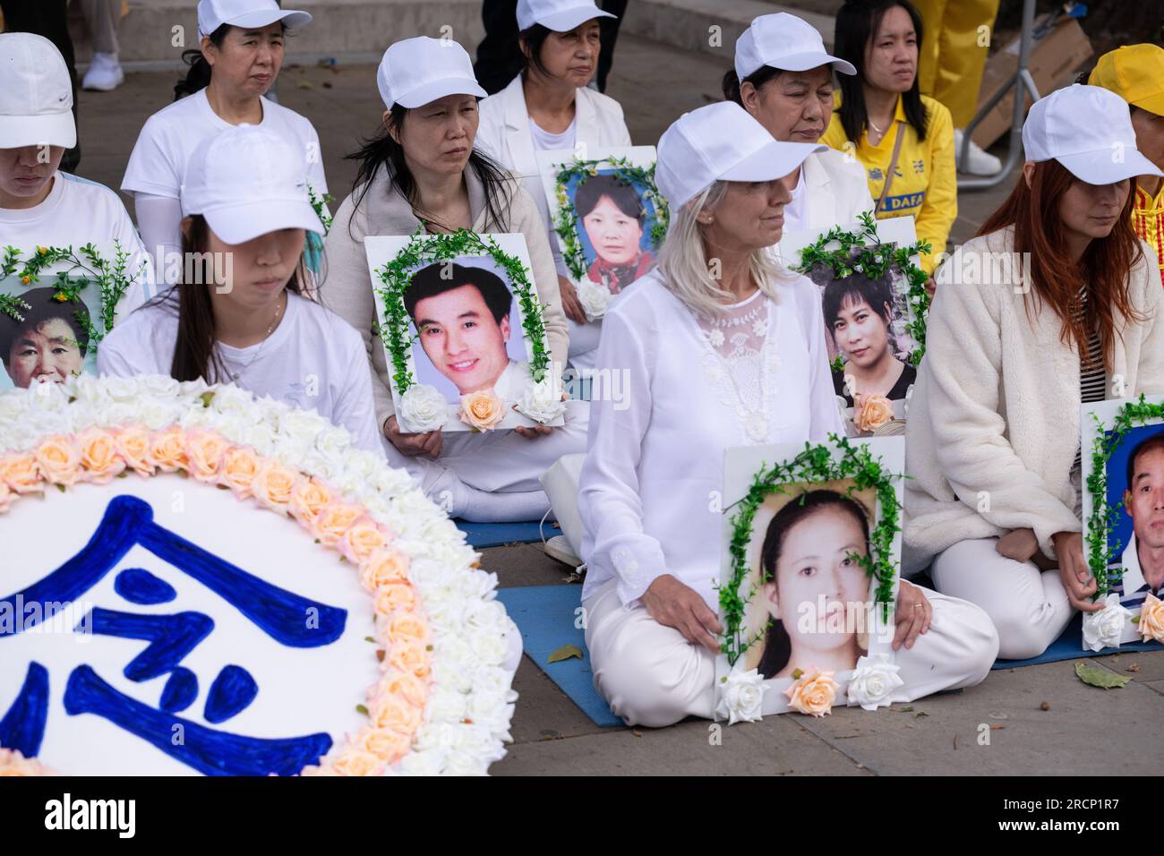 London, UK. 15 July, 2023. Falun Gong practitioners and supporters rally opposite Downing Street commemorating 24 years resisting repression by the Chinese Communist Party. Credit: Ron Fassbender/Alamy Live News Stock Photo