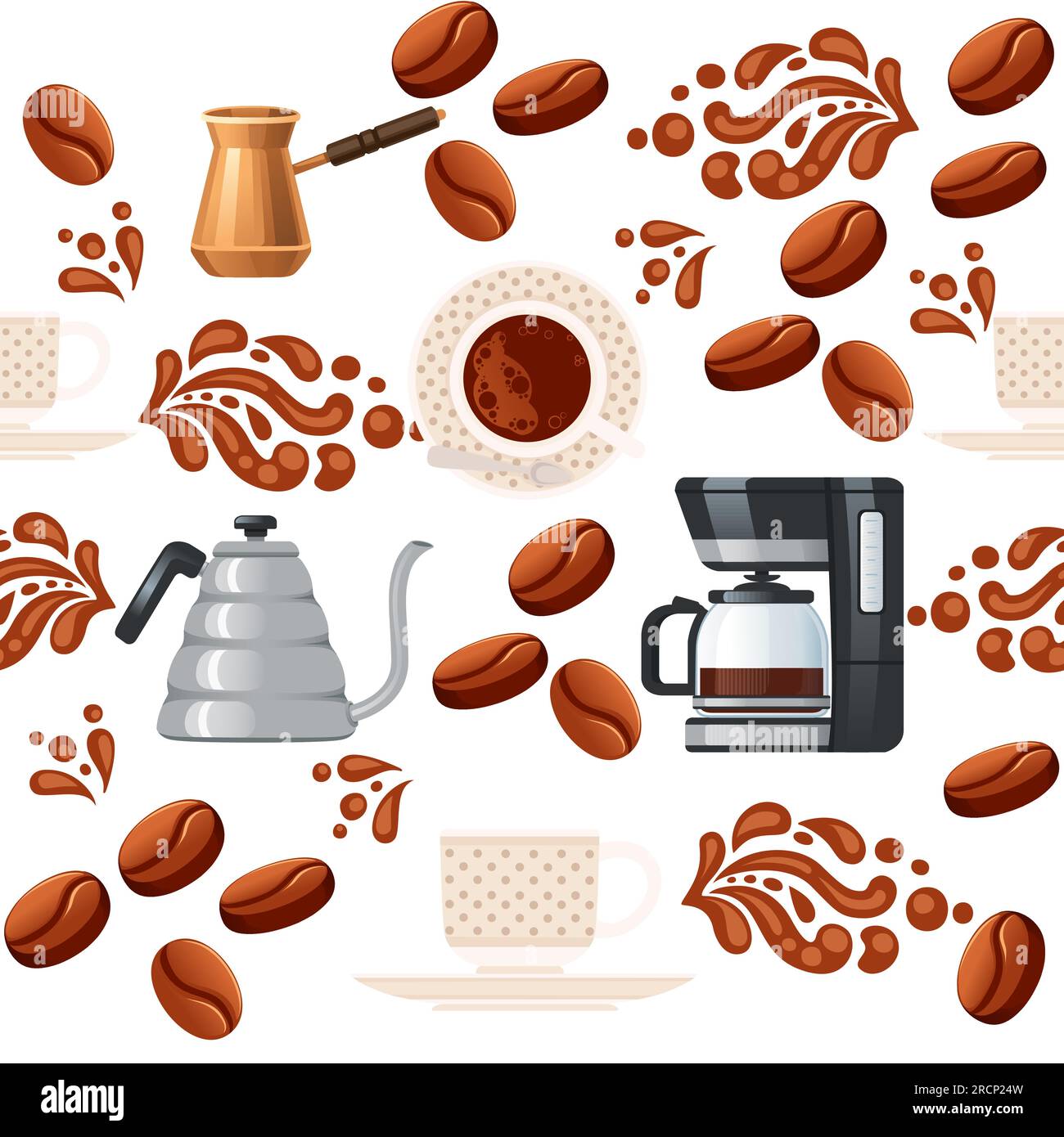 Seamless pattern coffee theme with coffee maker machine and cezve vector illustration on white background Stock Vector