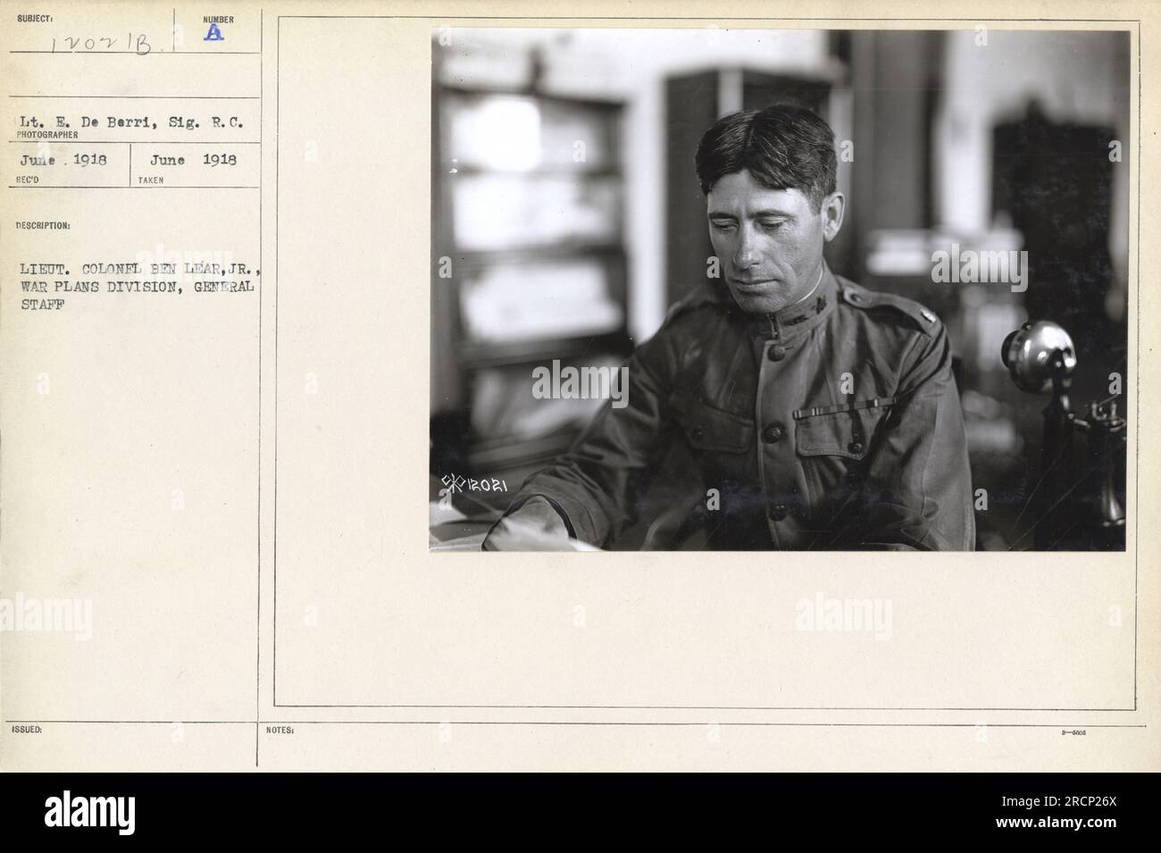 Lieutenant E. De Berri, of the Signal Corps, took this photograph in June 1918. The image depicts Lieutenant Colonel Ben Lear Jr., who served in the War Plans Division of the General Staff. The assigned photograph number for this image is 2021. Stock Photo