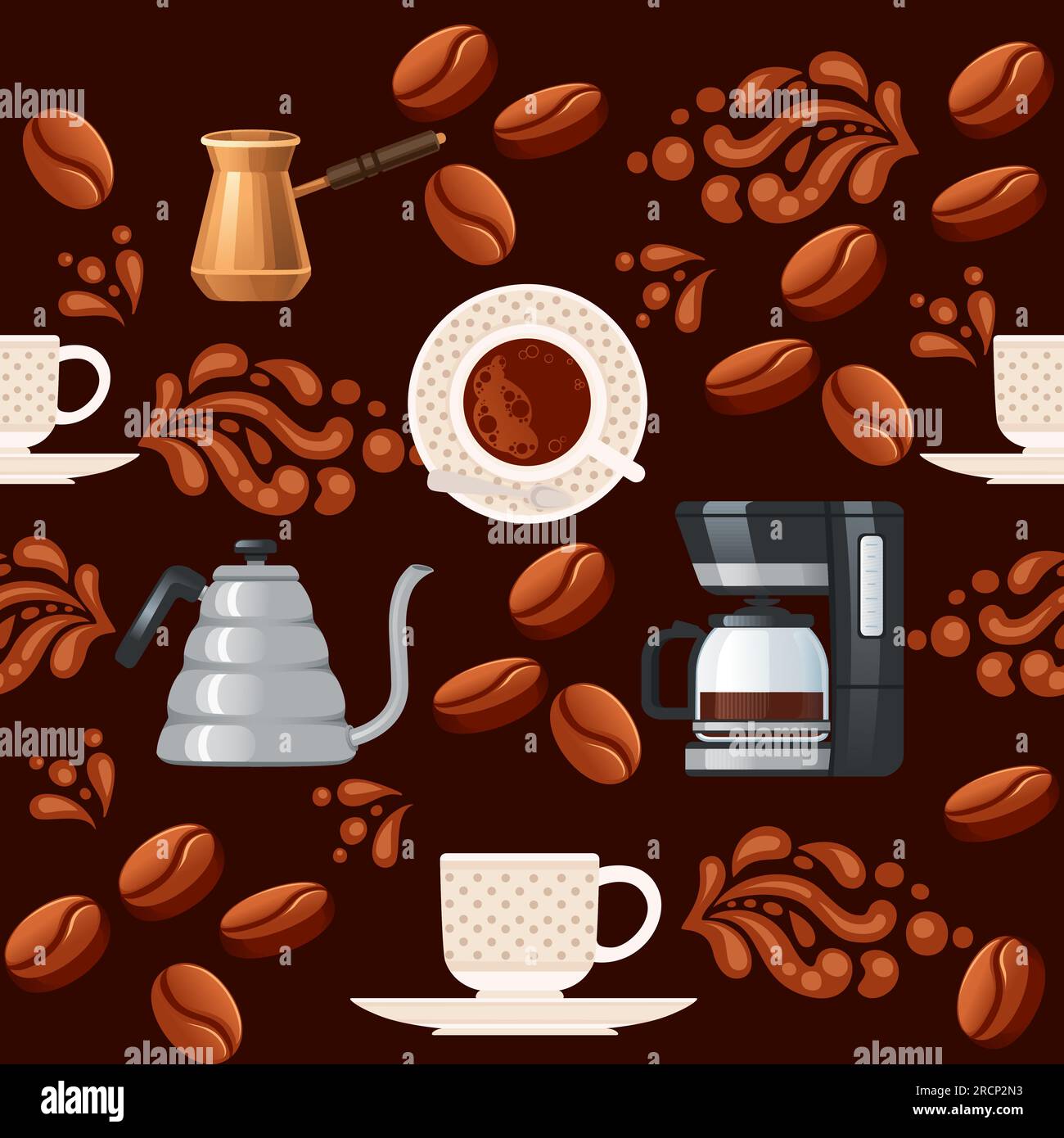 Seamless pattern coffee theme with coffee maker machine and cezve vector illustration on brown background Stock Vector