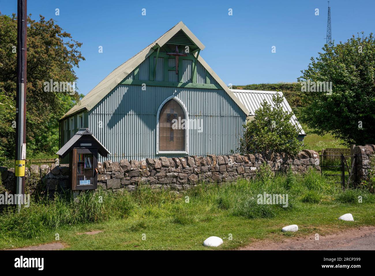 The corrugated iron church of St. Mary's at Newton-by-the-Sea in Northumberland, UK Stock Photo