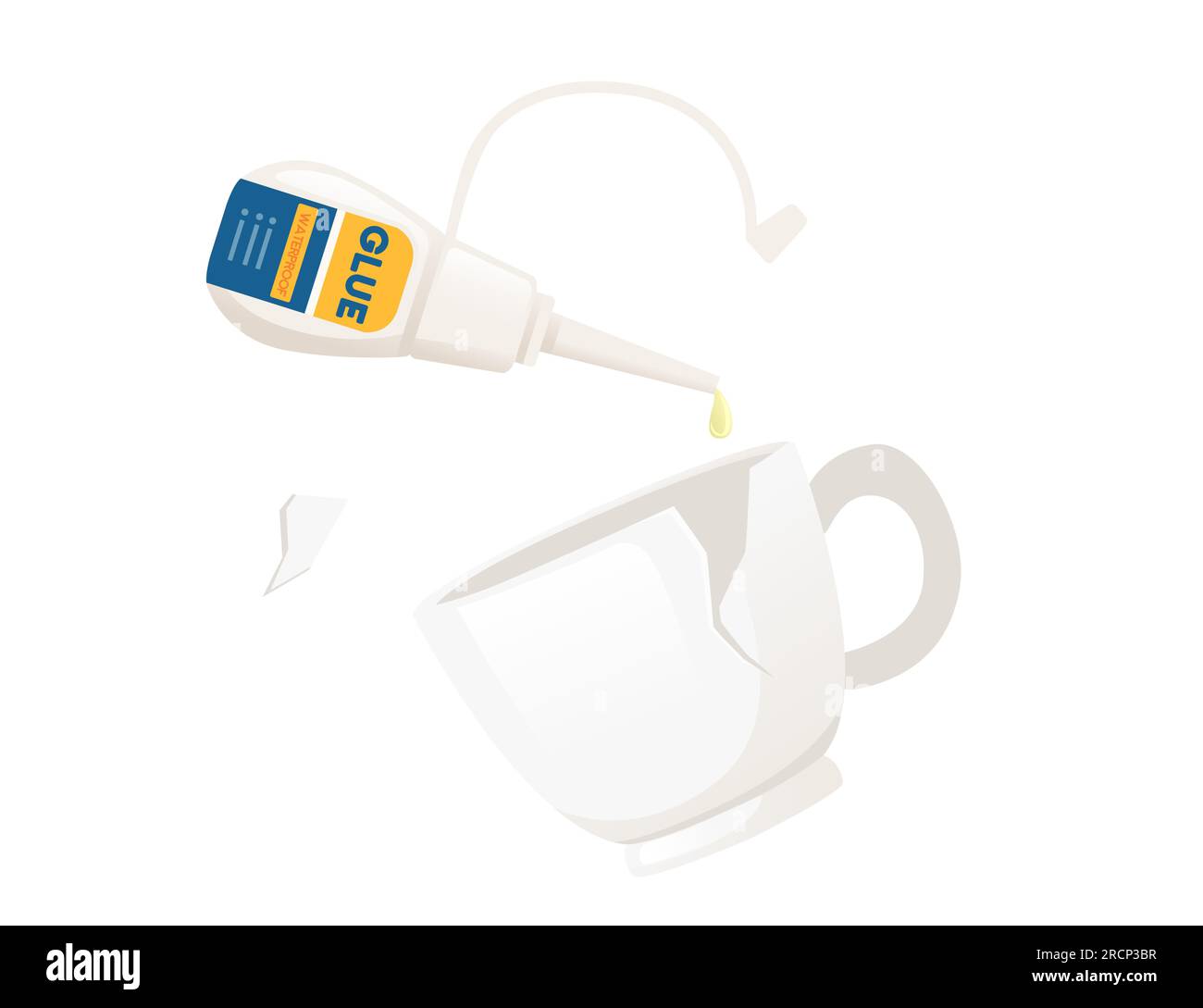 Broken and cracked white ceramic cup with super glue ready for repair