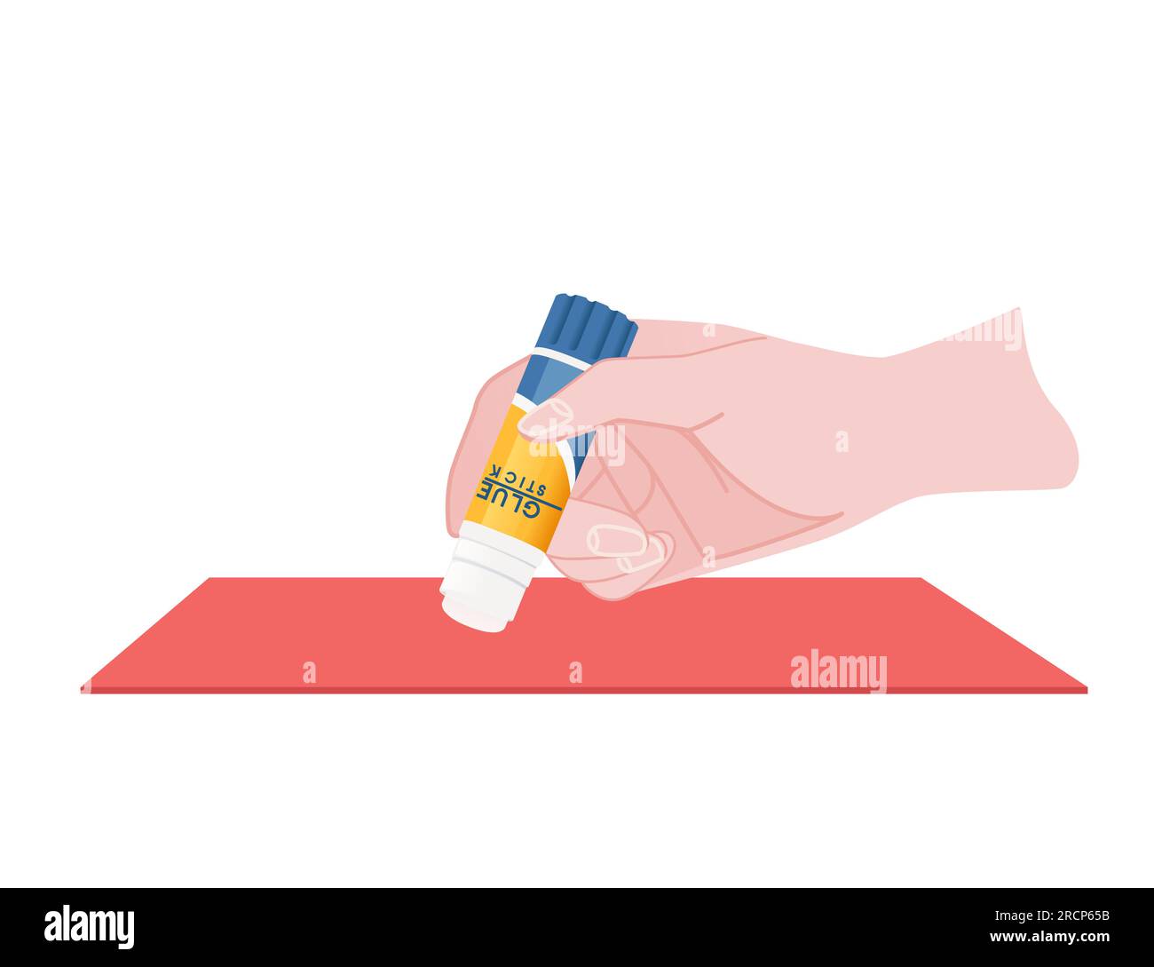 Hand hold glue stick work with red paper vector illustration isolated