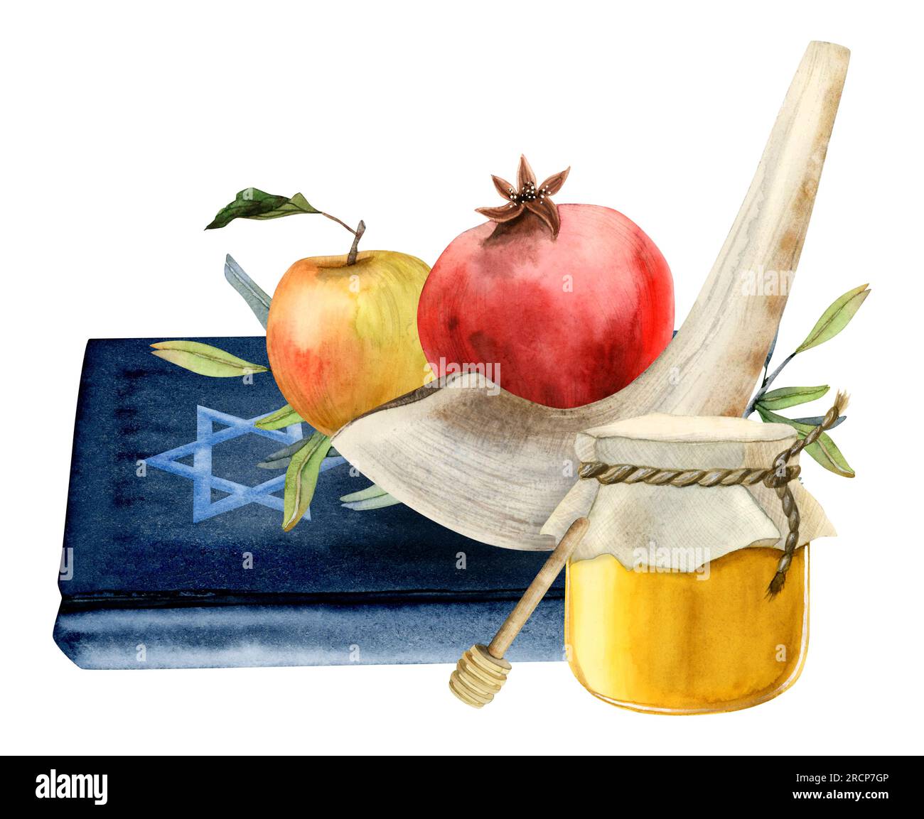 Jewish Rosh Hashanah symbols with Torah, honey jar, pomegranate fruit and apple, shofar horn