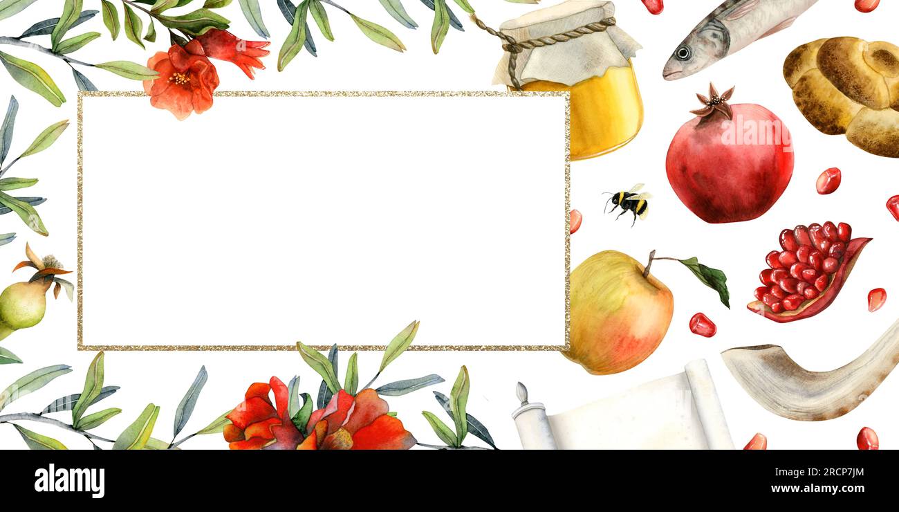 Jewish Rosh Hashanah greeting card template with copy space watercolor illustration for New year with pomegranate honey Stock Photo