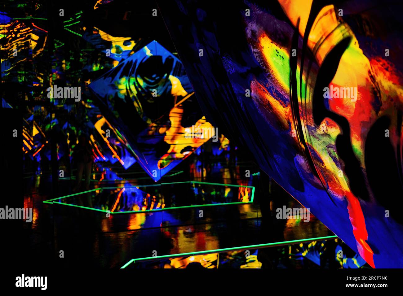 July 2023- Prague,Czechia. Interactive galaxy museum neon exhibition