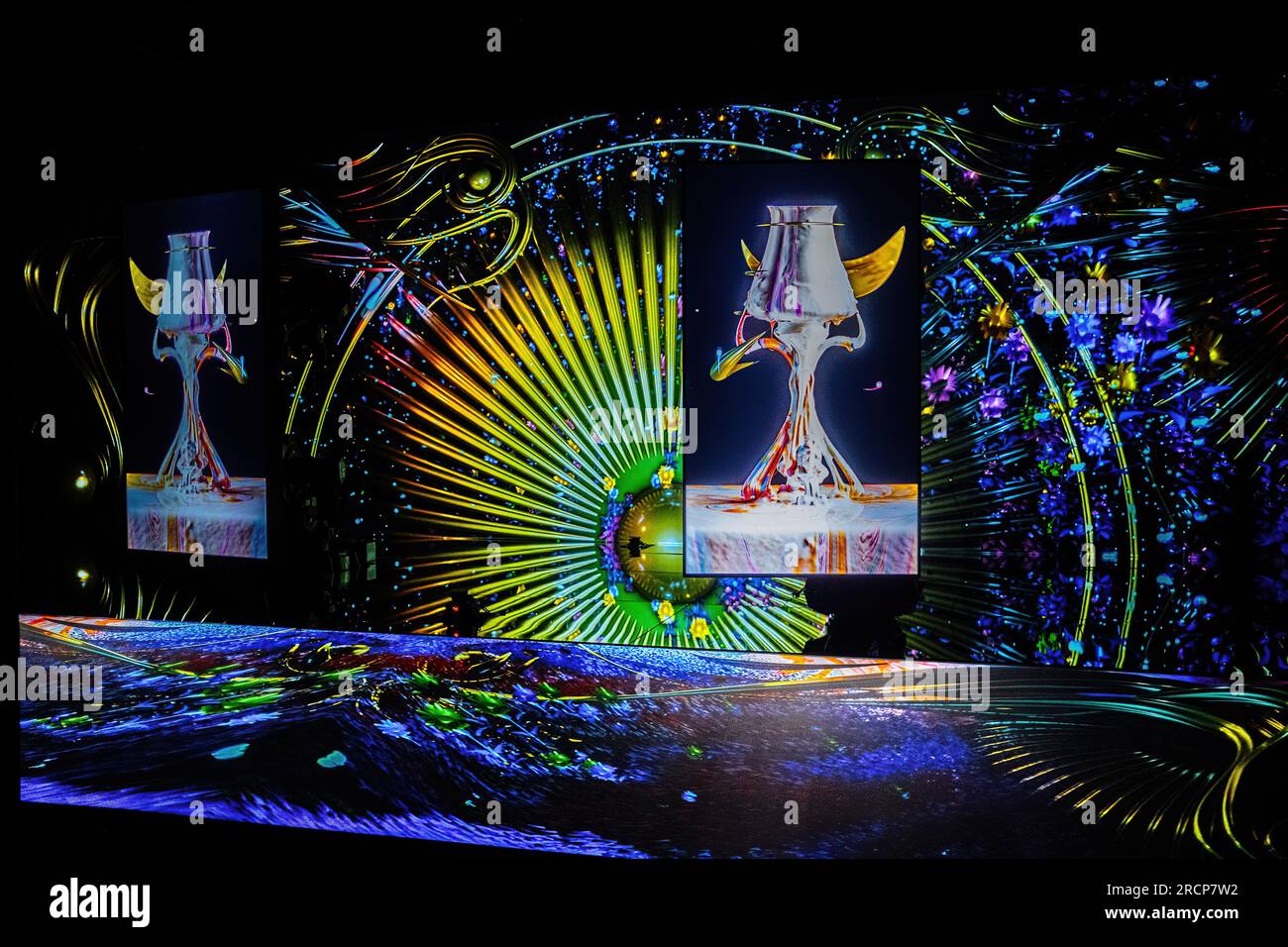 July 2023- Prague,Czechia. Interactive galaxy museum neon exhibition