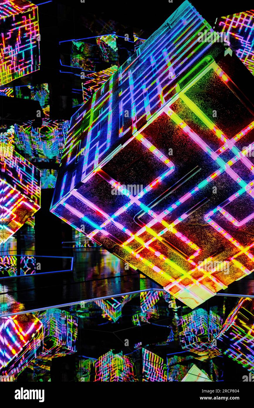 July 2023- Prague,Czechia. Interactive galaxy museum neon exhibition