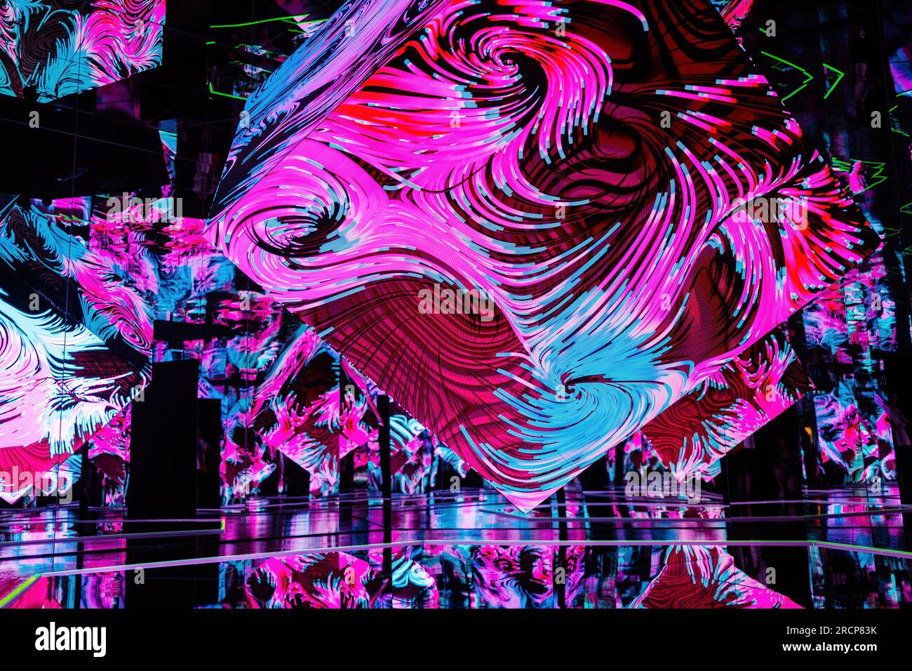 July 2023- Prague,Czechia. Interactive galaxy museum neon exhibition