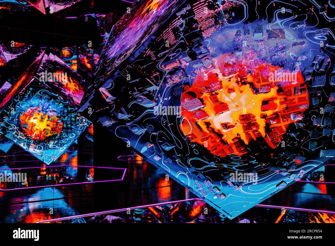July 2023- Prague,Czechia. Interactive galaxy museum neon exhibition