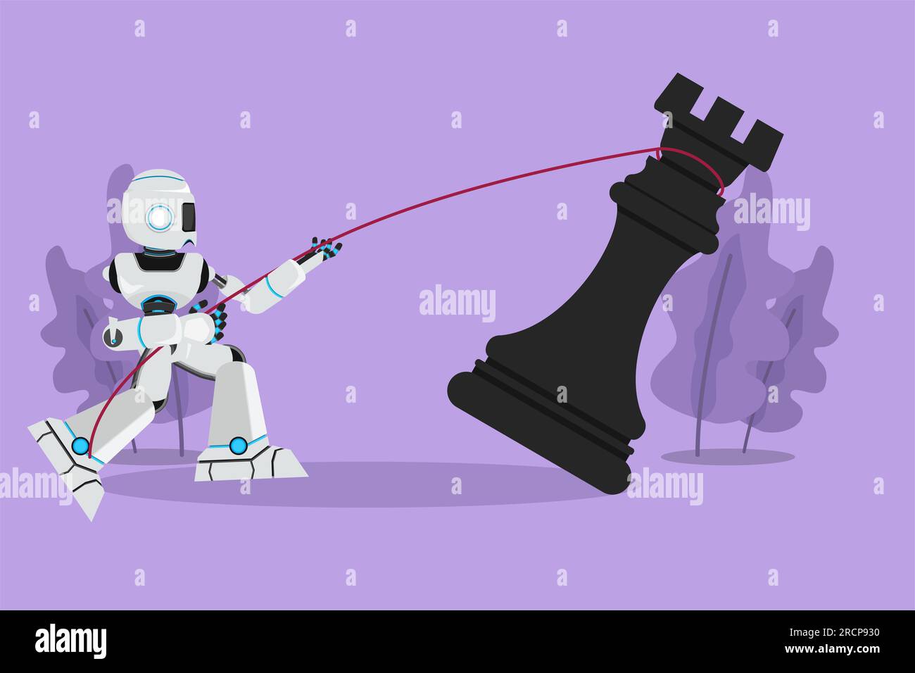 Character flat drawing robot pulling big rook chess with rope. Tactic ...