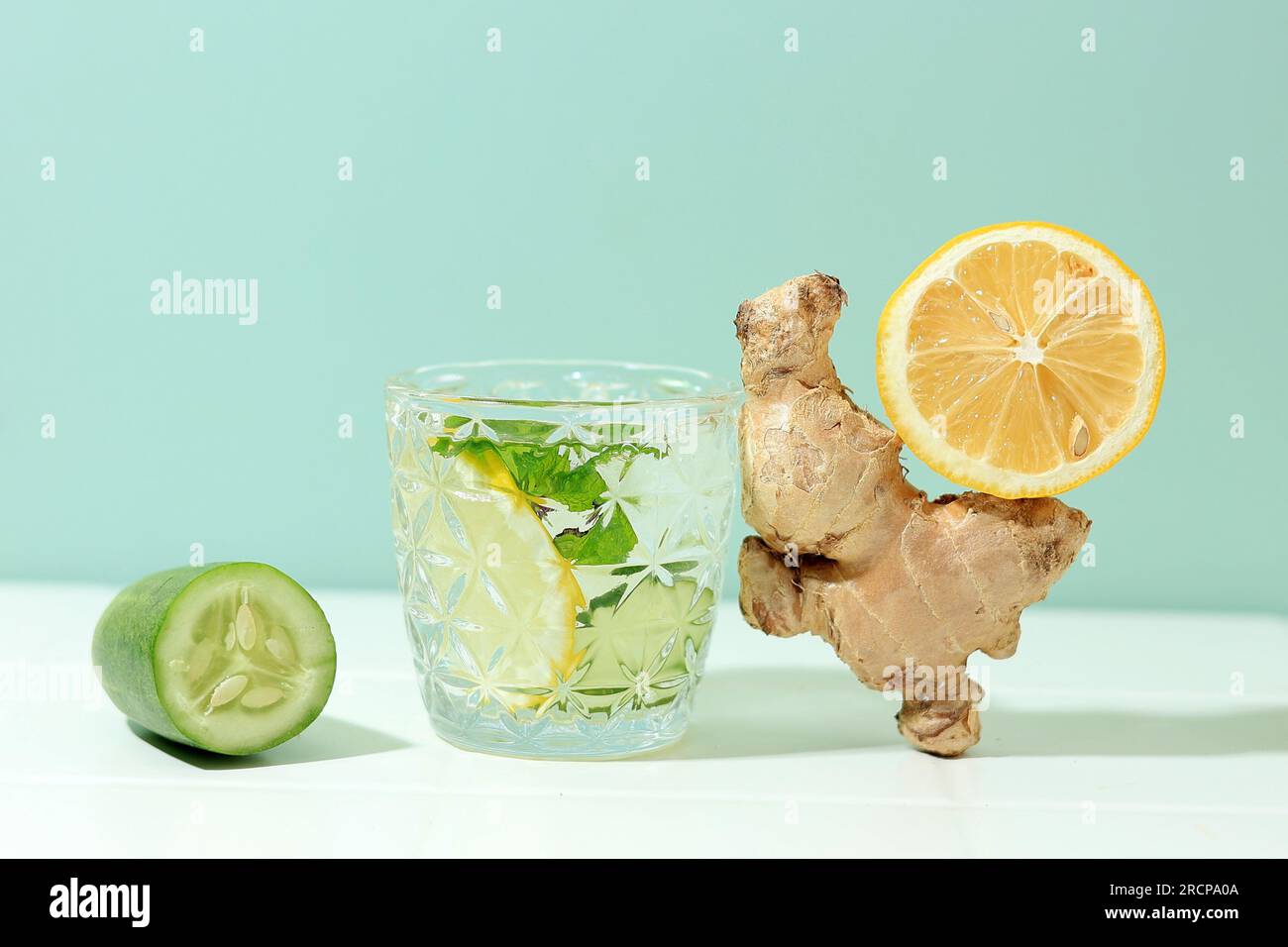 Sassi Water. Detox Drink with Lemon, Cucumber, Ginger,  and Mint Leaf. Healthy Food Concept. Stock Photo