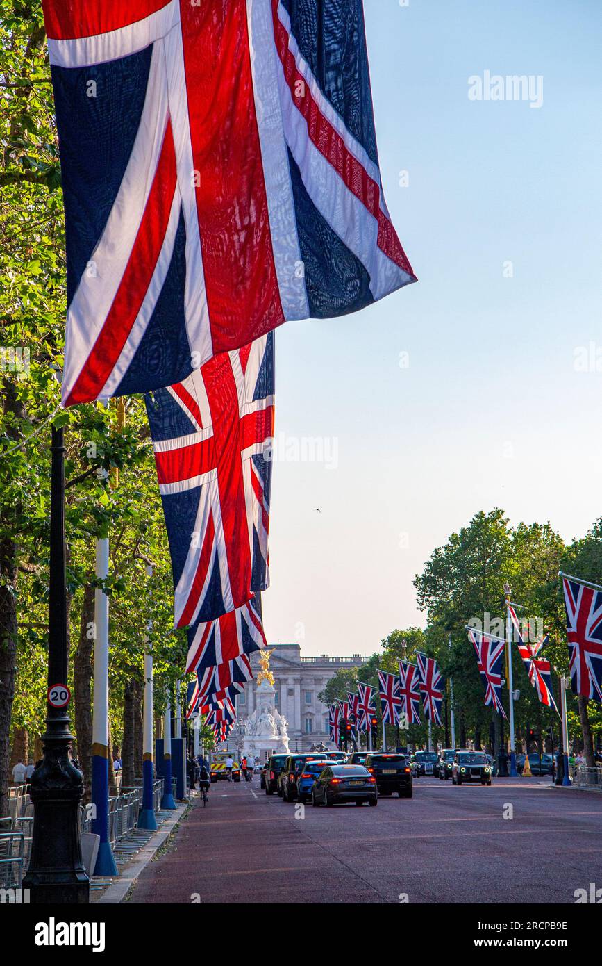 Pall Mall decorated with Union flags fro King Charles' coronation Stock ...