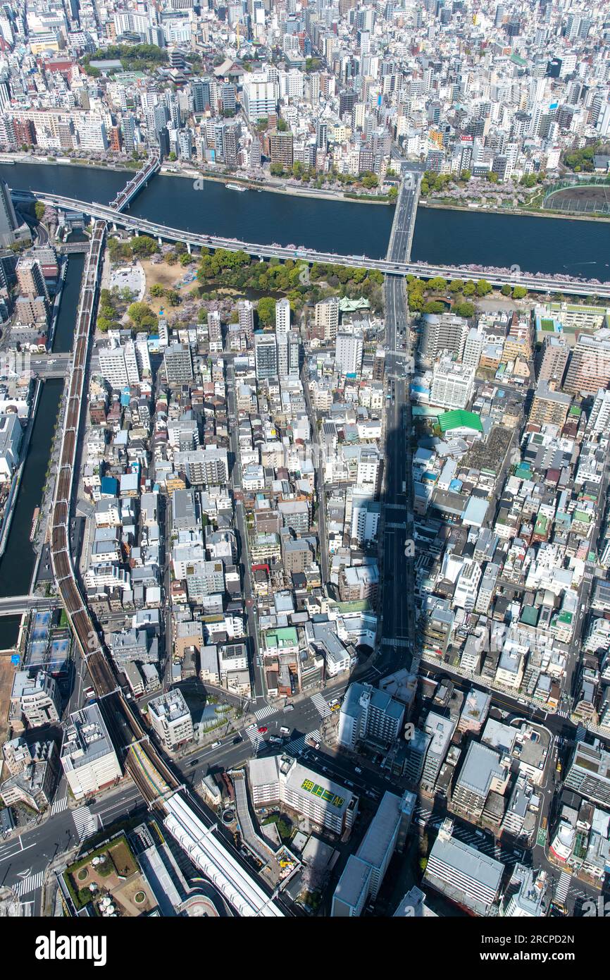 Tokyo, Japan-April 2023; Aerial view of Sumida City and