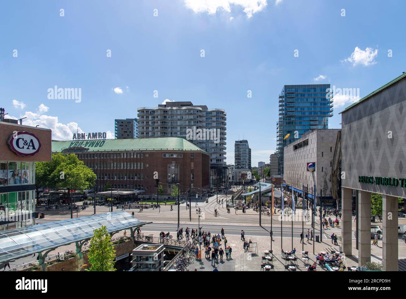 Rotterdam, the Netherlands-9 June 2022; High angle view over the Koopgoot shopping street and Coolsingel towards the Lijnbaan shopping street Stock Photo