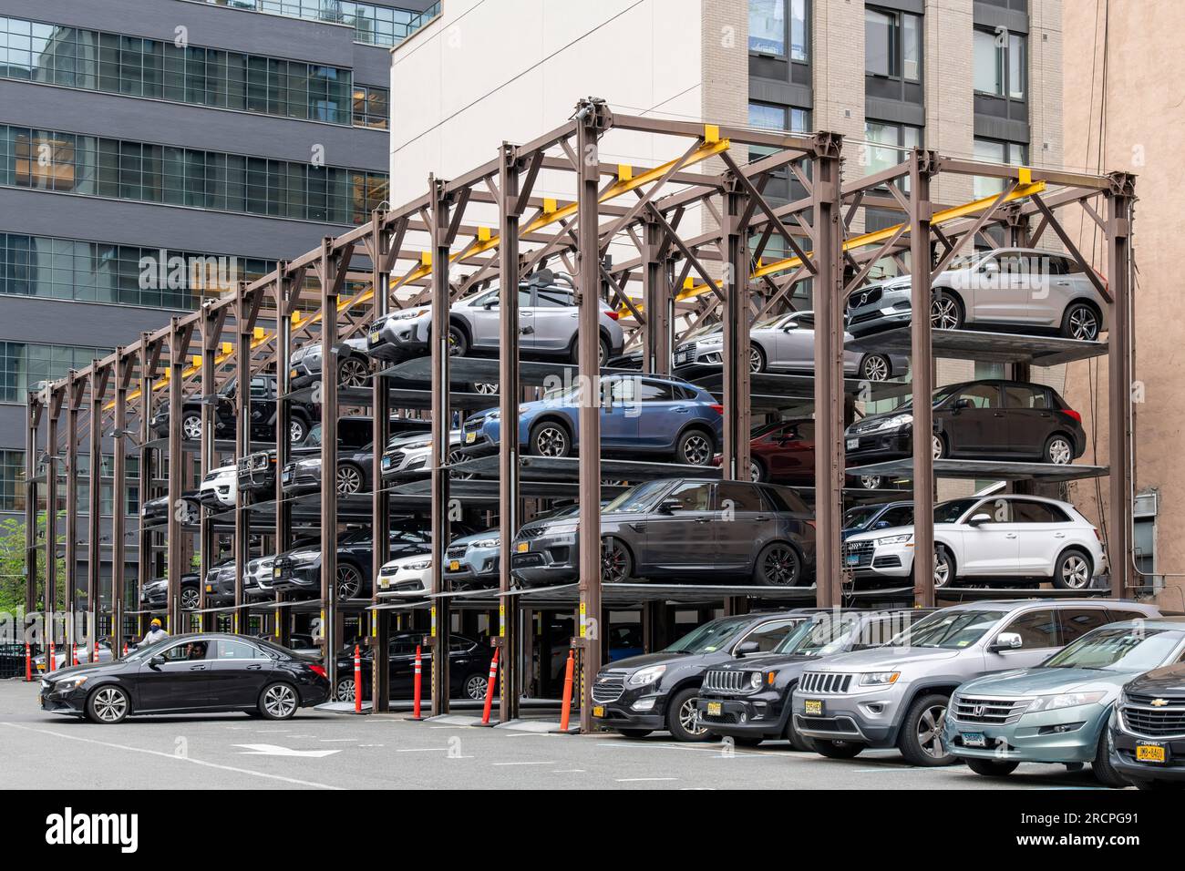 New York City, USAMay 2022; View of multi level stacker parking system