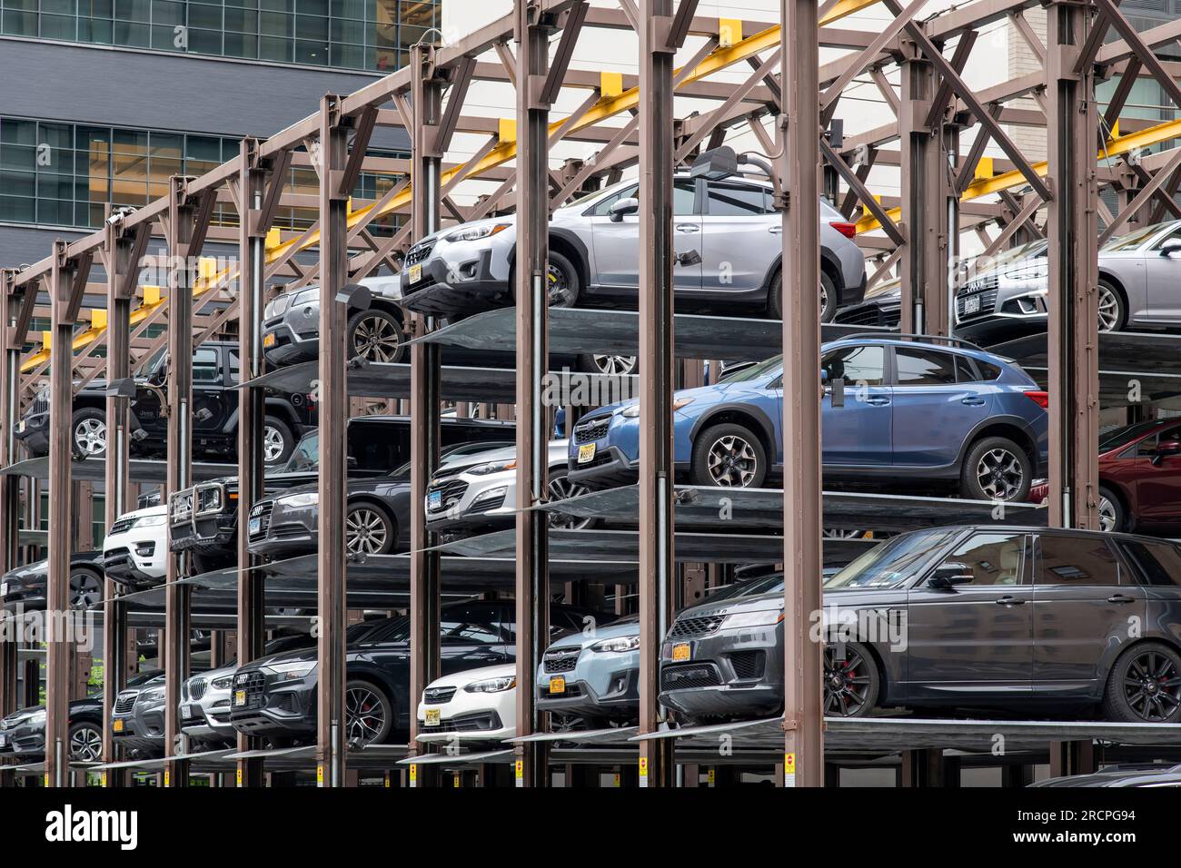 New York City, USAMay 2022; Close up view of stacker parking system