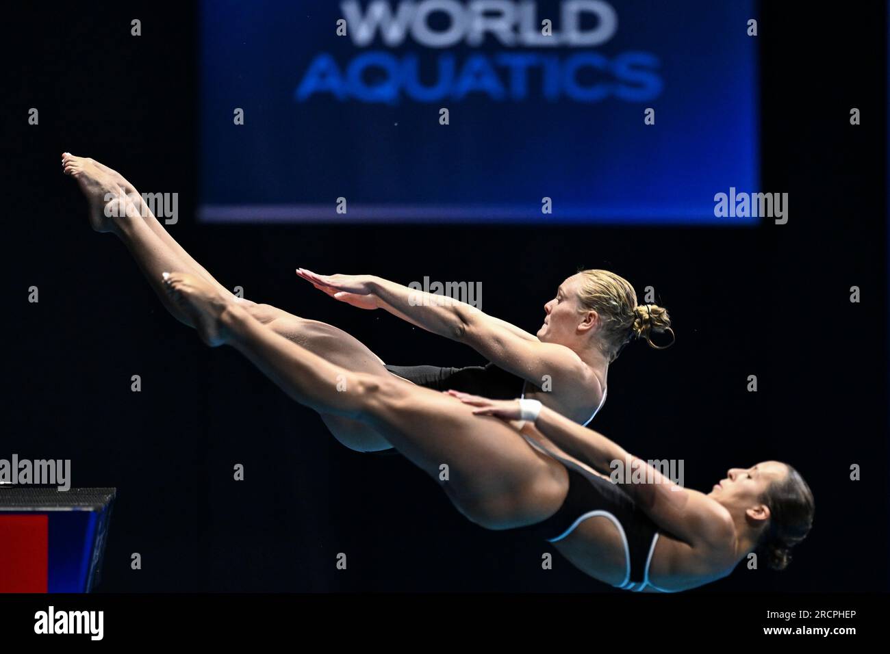 Fukuoka, Japan. 16th July, 2023. Jessica Parratto/Delaney Schnell of the United States compete during the women's 10m platform synchronised final of the World Aquatics Championships 2023 in Fukuoka, Japan, July 16, 2023. Credit: Xu Chang/Xinhua/Alamy Live News Stock Photo