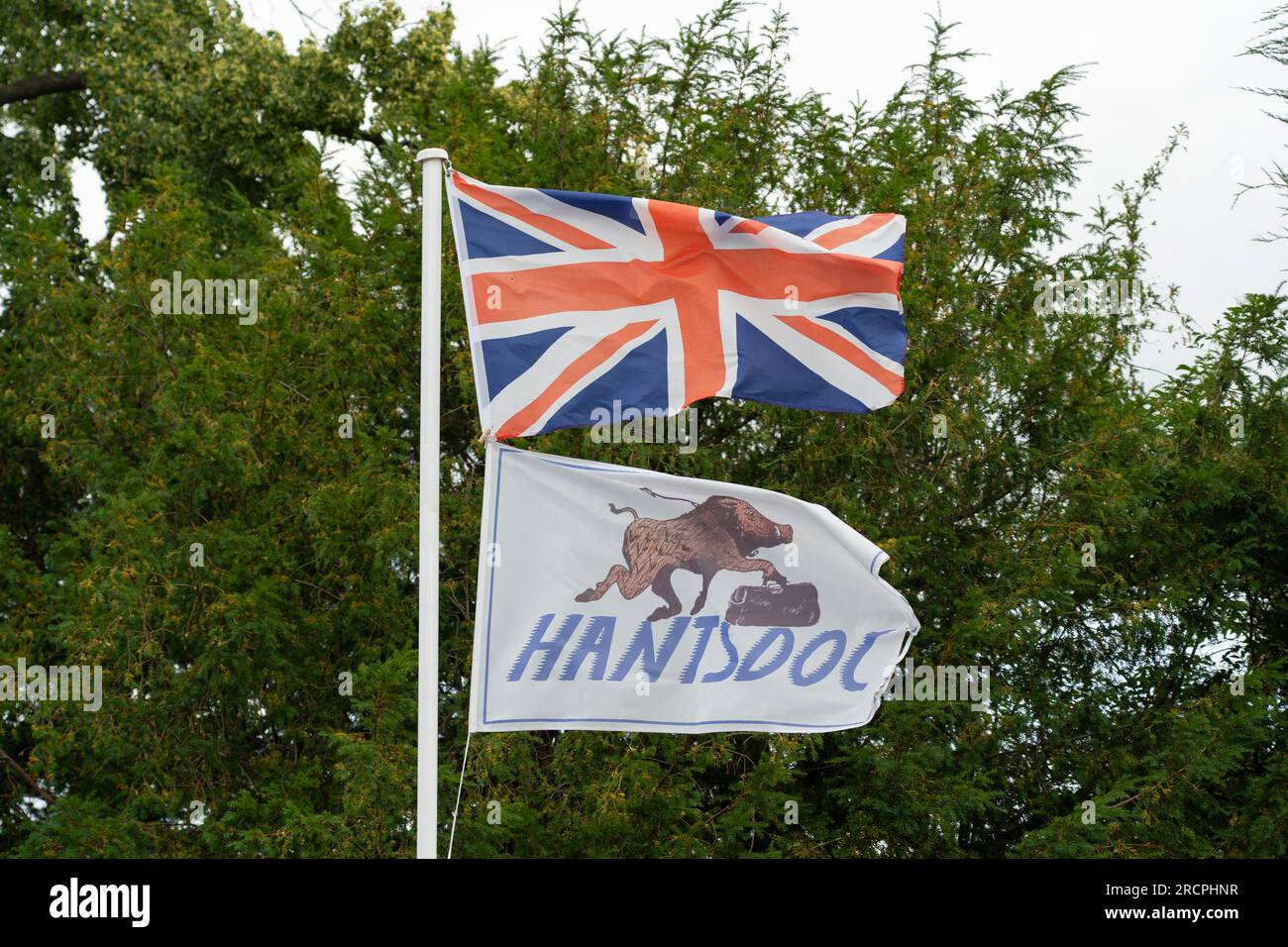 Hantsdoc flag at Hook Surgery, UK. Hantsdoc provides the Out of Hours service with the Emergency Department at Basingstoke & North Hampshire Hospital Stock Photo