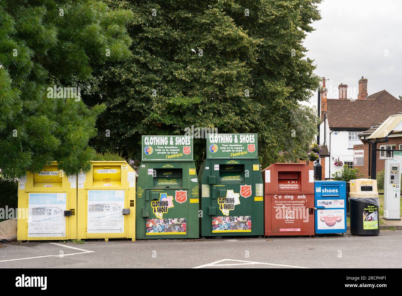 Salvation Army clothing and shoe collection banks for donations of unwanted clothes to charity, Hook, England. Concept: giving to charity Stock Photo