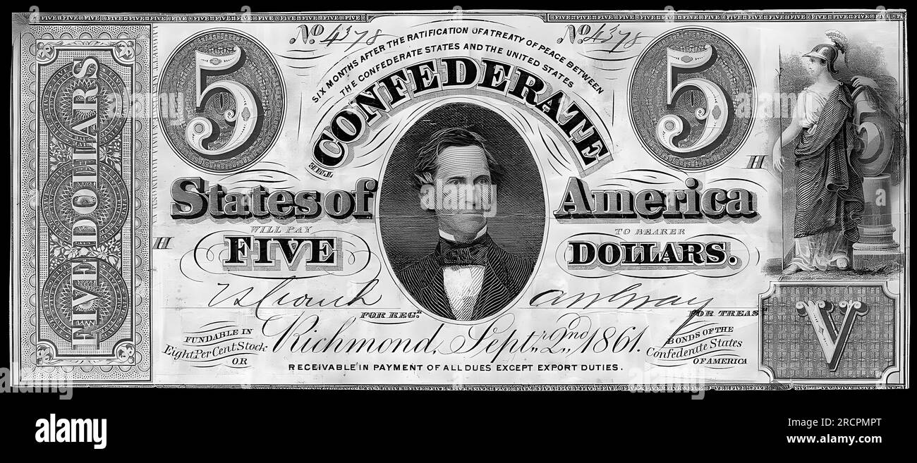 Photo Banknote Confederate Currency 5 Dollar Treasury Bils Stock Photo