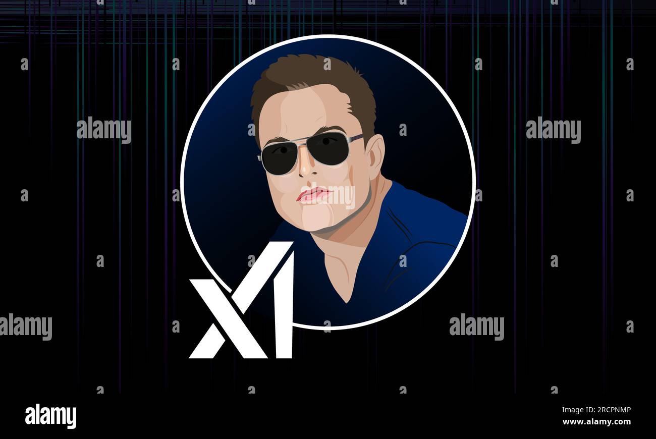 Elon Musk founded xAI. Elon Musk portrait and xAI inscription. July 12