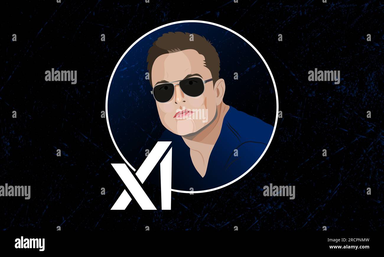 Elon Musk founded xAI. Elon Musk portrait and xAI inscription. July 12