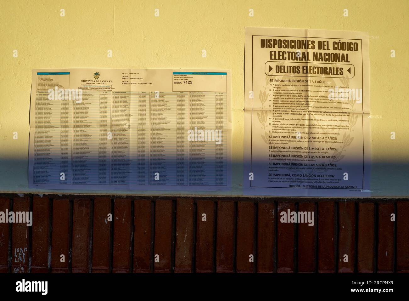An electoral roll at a polling station in Firmat, Santa Fe at the beginning of the primary elections (PASO). This election is seen as a major test for the opposing coalition Juntos por el Cambio, with Presidential candidates Horacio Rodriguez Larreta and Patricia Bullrich supporting two candidates for Governor, Maximiliano Pullaro and Carolina Losada respectively, that have engaged in a battle that escalated to the point of accusing Pullaro of complicity with drug dealers when he was Ministry of Security.Citizens in the Province of Santa fe will have to vote no less than four times this year, Stock Photo