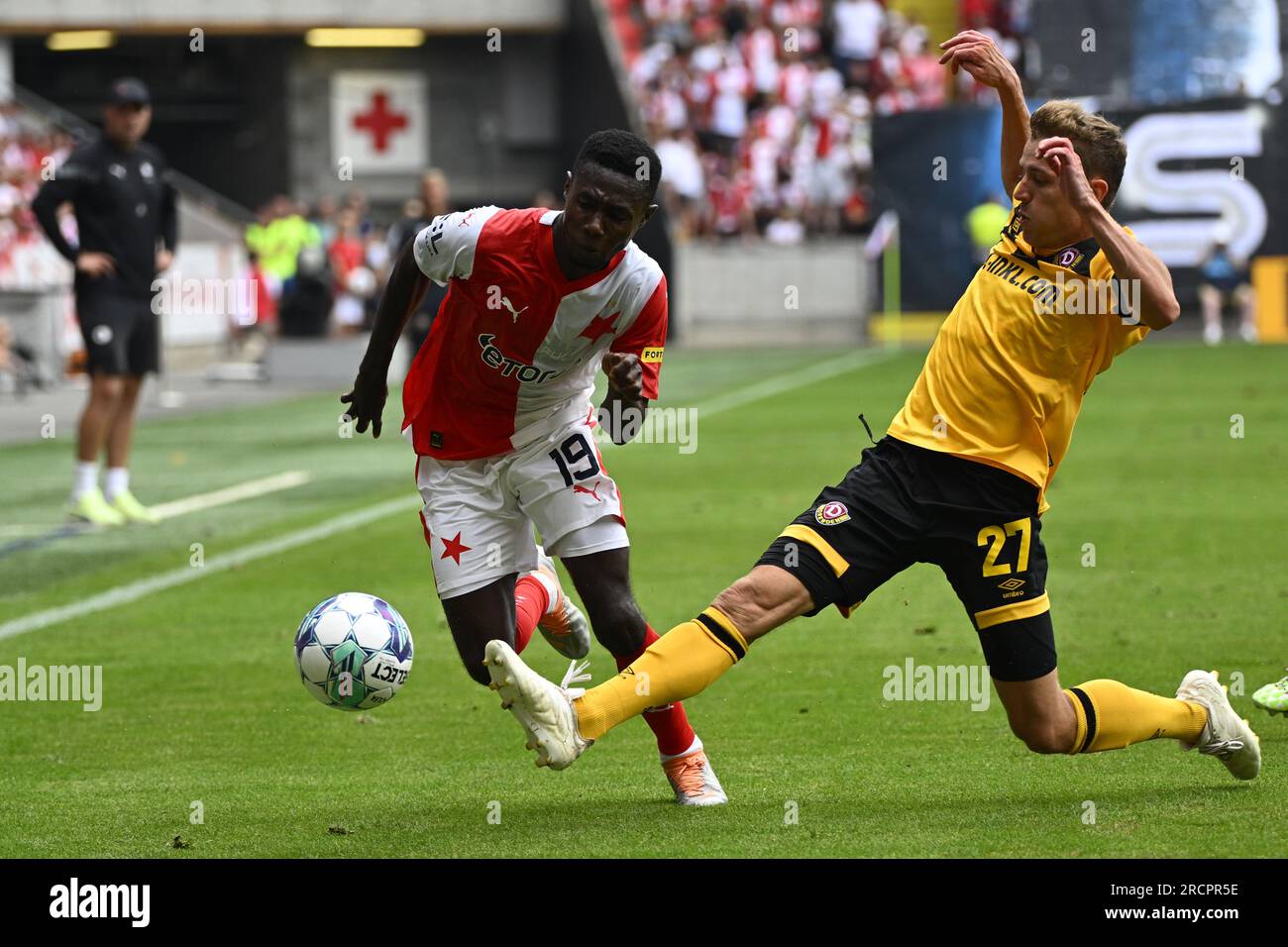 Prague, Czech Republic. 3rd May, 2023. OSCAR DORLEY of Slavia Praha fights  for the ball with Sparta's ADAM KARABEC (L) during Czech Cup of 2022-2023  at May 03, 2023, in Prague as