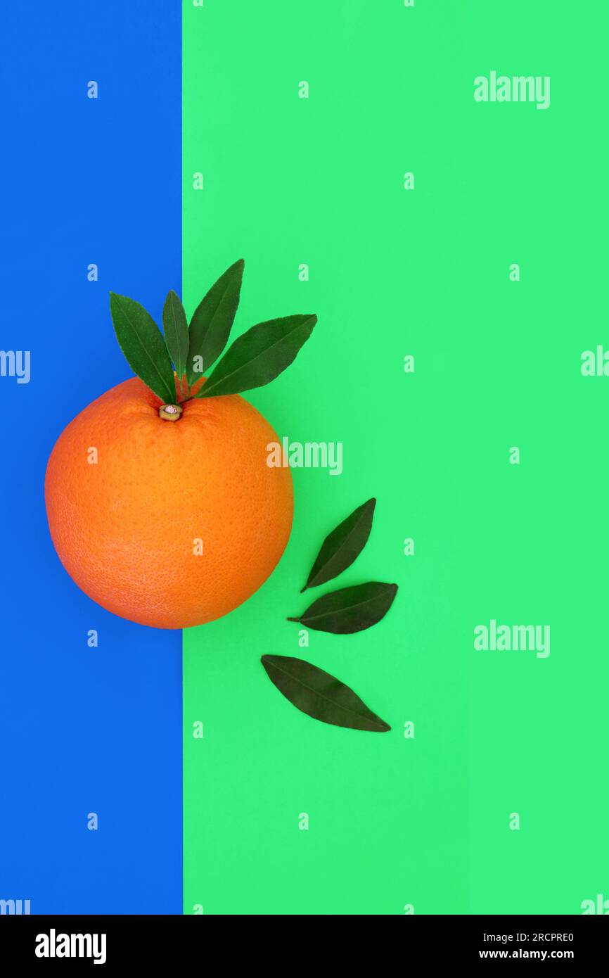 Orange citrus fruit health food abstract design on dual tone blue green