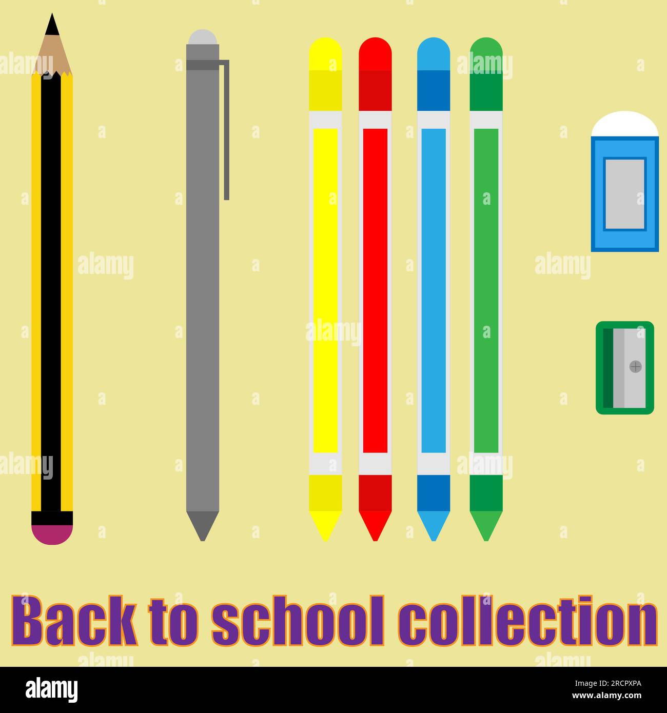 Back to school collection. Includes pencil, pen, eraser, sharpener and