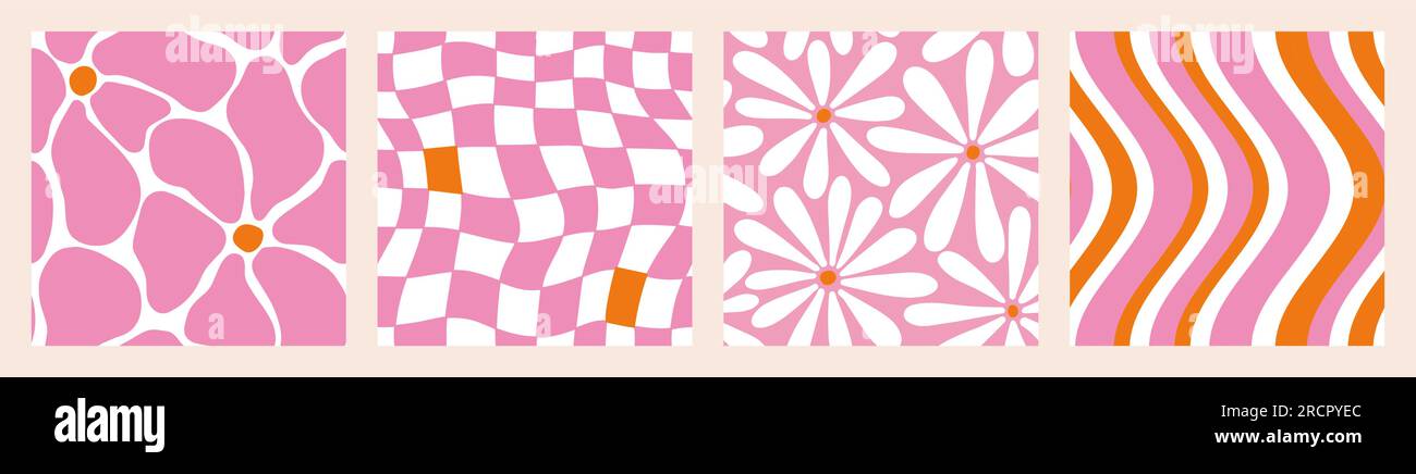 1970 Daisy Flowers, Trippy Grid, Wavy Swirl Seamless Pattern in Orange ...