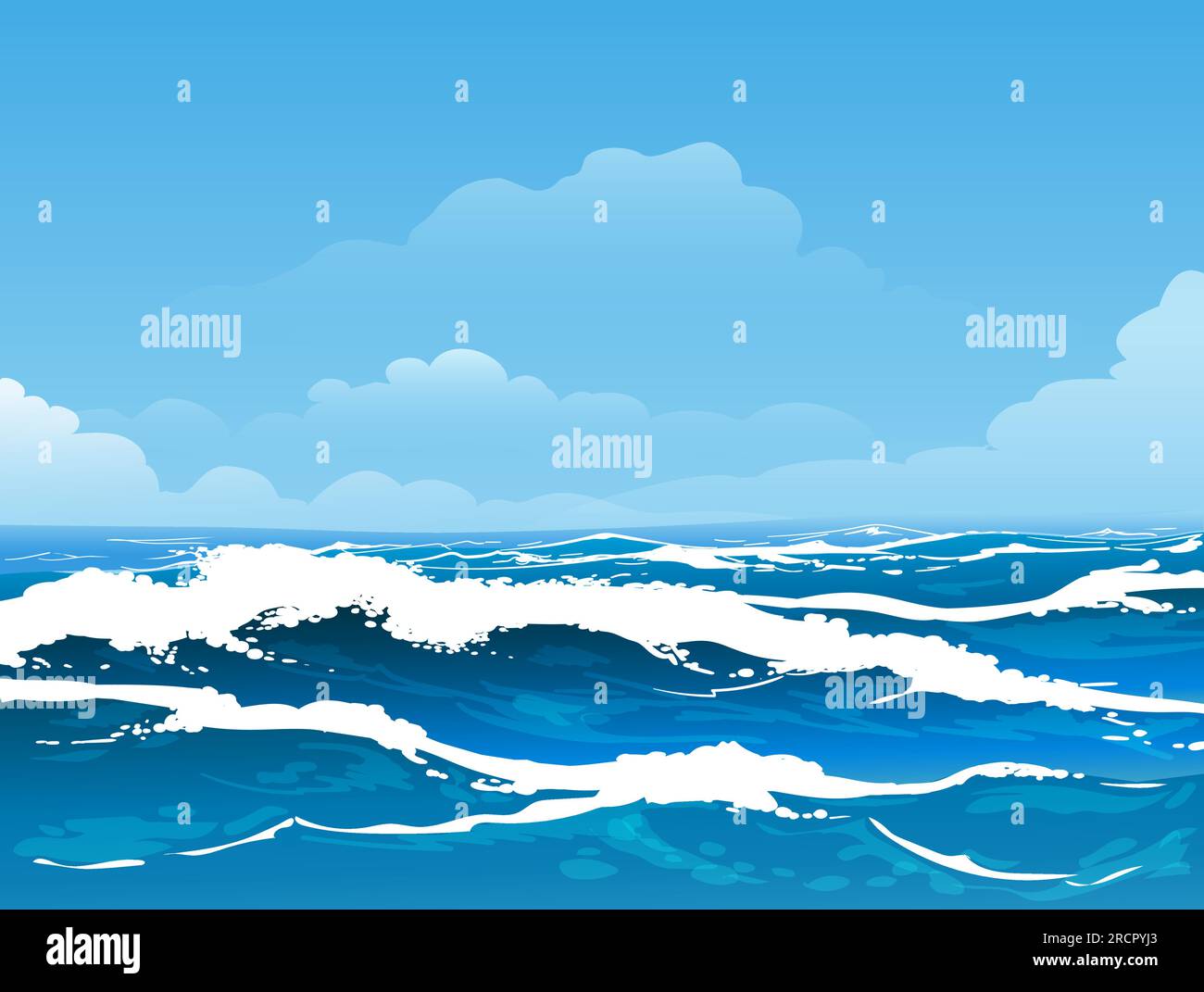 Seascape background with summer Sea Surface, Waves, Sky and White Clouds. Vector illustration Stock Vector